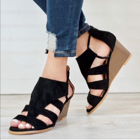 Black Caged Stacked Heel Wedge Sandals - Picture 2 of 3